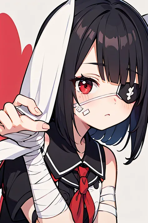 masterpiece, best quality, Hyper detailed, High detail, Exquisite detail, black hair, red eyes, left eye patch, right hand bandage, loli, chuunibyou