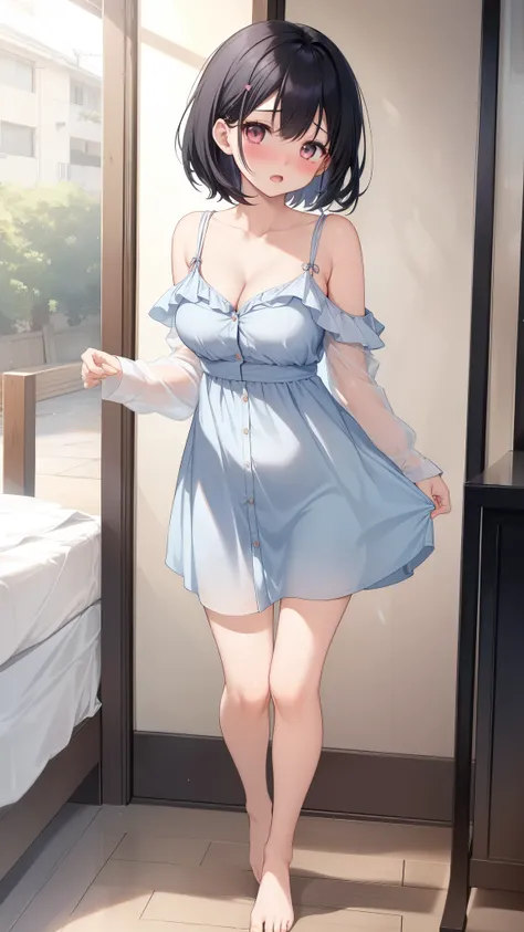 One Girl、Arima Kana、positive、Standing posture、Full body portrait、Black Hair、Medium haircut、blush、Absolute area、No panties、Well good、barefoot、Light blue dress、Off-the-shoulder dress、（Very large breasts）、Cleavage、((Lesbians around the world))、masterpiece、（hi...