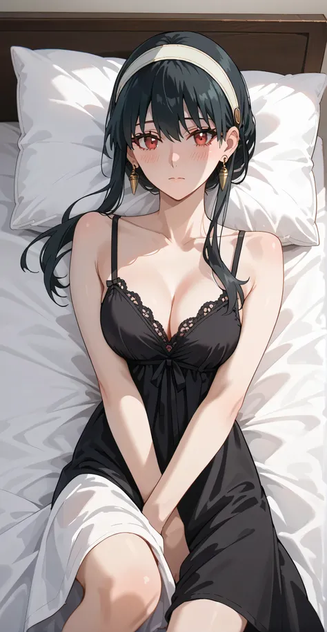 yor foger, Black  hair, red eyes, earrings, ear piercing, multicolored hair, score_9, score_8_up, score_7_up, source_anime, masterpiece,best quality, medium breasts, l, shy, Black nightdress, transparent, cool face, looking at viewer, laydown on bed