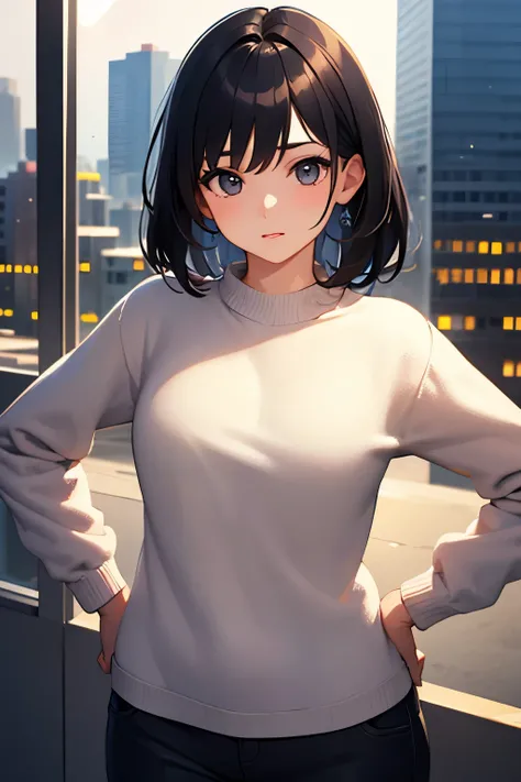  Masterpiece、 very detailed、 top quality、 beautiful lighting arranged in an orderly manner、 one girl、 young girl、 black hair、medium hair、Sweater、city、Hands on Hips