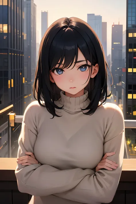  Masterpiece、 very detailed、 top quality、 beautiful lighting arranged in an orderly manner、 one girl、 young girl、 black hair、medium hair、Sweater、city、crossed arms