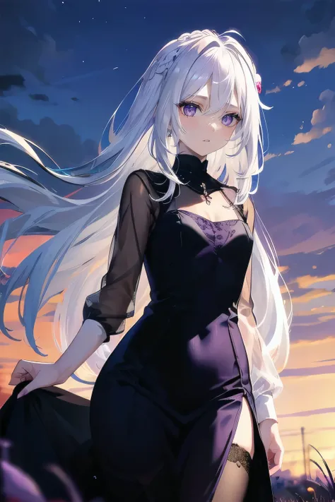 (masterpiece), (best quality), ultra detailed, finely detailed color, cenematic painting, smile, slender body, small chest, outdoor, wheat field, sunset, evening, dusk, twilight, vesper, bishoujo, ((one lady)), 20 years old girl, cute face, ((white hair:1....