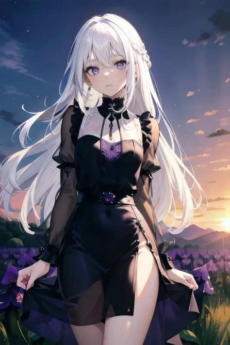 (masterpiece), (best quality), ultra detailed, finely detailed color, cenematic painting, smile, slender body, small chest, outdoor, wheat field, sunset, evening, dusk, twilight, vesper, bishoujo, ((one lady)), 20 years old girl, cute face, ((white hair:1....