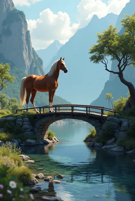 the horse is standing by the stream, there is a bridge over the stream, there is a tree on the edge of the bridge. places with mountain scenery