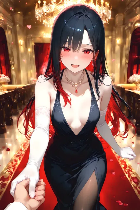 (masterpiece, Best Quality: 1.2), Ultra Detailed, HDR-10, (Soft Colors), (beautiful eyes, detailed eyes:1.2),1girl, black hair, red light hair, Multi-colored hair, red eyes, pale skin, medium chest, blush, Smile, open mouth, Elegant dress, Elbow-length glo...