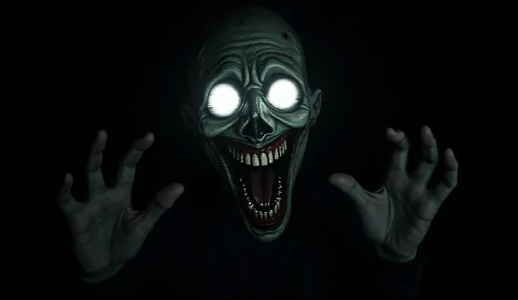 *"A pitch-black background with a terrifying, glitchy, and distorted face emerging from the darkness. The face has hollow, glowing white eyes and an unnaturally wide, stretched grin, as if it is frozen in a sinister laugh. The face appears broken, like a c...