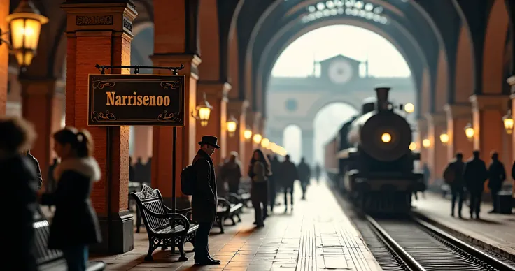 A boarding platform at a train station with a nameplate written on it model station