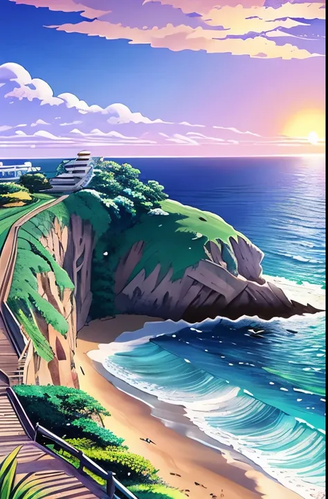 araffes on a cliff overlooking the ocean and a beach, anime background, anime landscape wallpaper, anime clouds, beautiful anime scenery, beautifull puffy clouds. anime, makoto shinkai. —h 2160, anime sky, studio ghibli sky, anime scenery, blue sea. by mak...