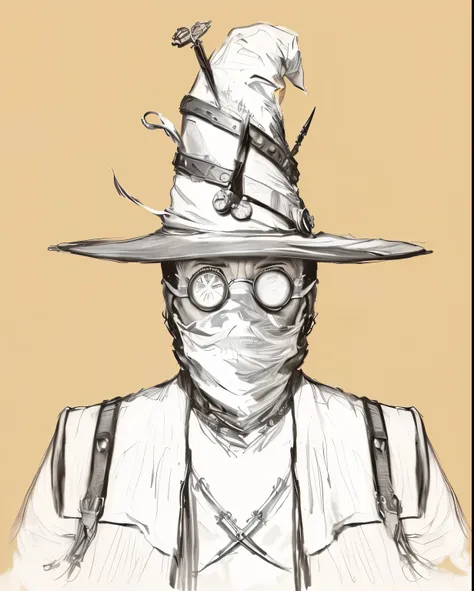 there is a drawing of a man wearing a hat with scissors on it, archwizzard in a hat, steampunk wizard, creepy explorer sketch, portrait of a squid wizard, inspired by Jean Giraud, wizard man, portrait of a wizard, wizard, character with a hat, portrait of ...