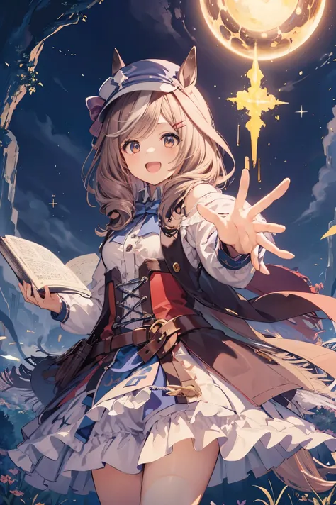 (( Machikanetanheuza)),(hat)(Mage),I have a spellbook in my hand,(( is casting magic)), masterpiece, top quality, Ultra- detail ed, illustration, 1 girl,loli, and laugh, Alone, from below/low angle, horse tail,reaching out,
