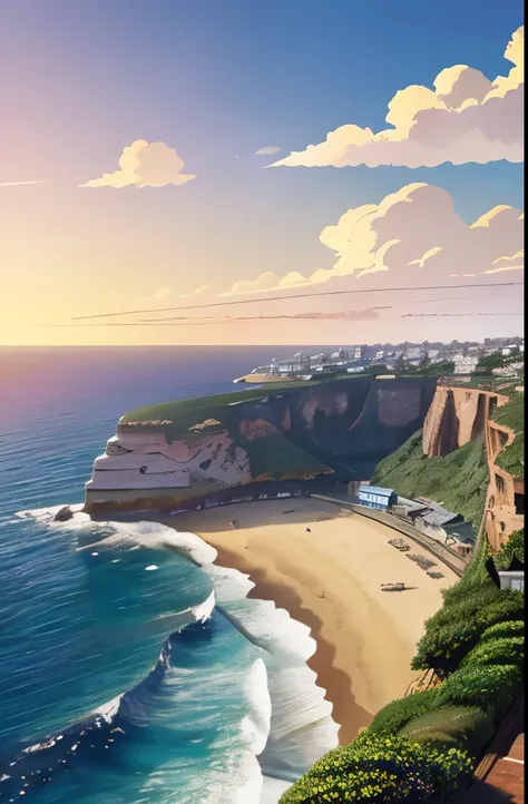 araffes on a cliff overlooking the ocean and a beach, a matte painting inspired by Makoto Shinkai, trending on cg society, romanticism, anime background, anime landscape wallpaper, anime clouds, beautiful anime scenery, beautifull puffy clouds. anime, mako...