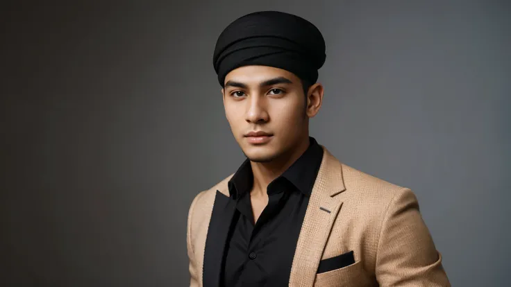 beautiful moslem young man, wearing moslem outfit and black hat, frontal portrait, professional headshot, high quality, 8k, realistic, photorealistic, studio lighting, sharp focus, clean background, elegant pose, confident expression, cinematic lighting, n...