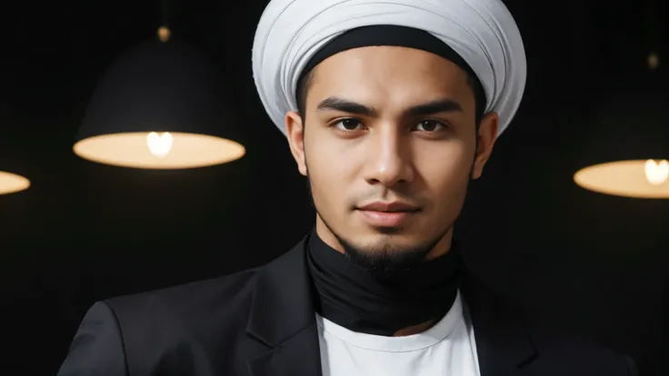 beautiful moslem young man, wearing moslem outfit and black hat, frontal portrait, professional headshot, high quality, 8k, realistic, photorealistic, studio lighting, sharp focus, clean background, elegant pose, confident expression, cinematic lighting, n...