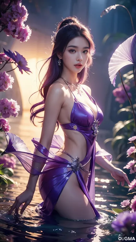 beauty with purple hair and flowers floating in water, purple fantasy, beautiful beauty, beautiful digital illustration, beautiful artwork illustration, beautiful digital artwork, beautiful gorgeous digital art, beautiful digital art, asian female water el...