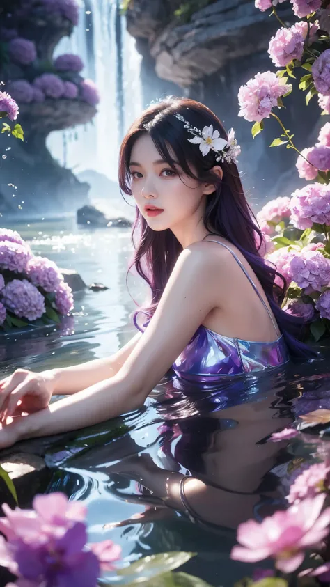 beauty with purple hair and flowers floating in water, purple fantasy, beautiful beauty, beautiful digital illustration, beautiful artwork illustration, beautiful digital artwork, beautiful gorgeous digital art, beautiful digital art, asian female water el...