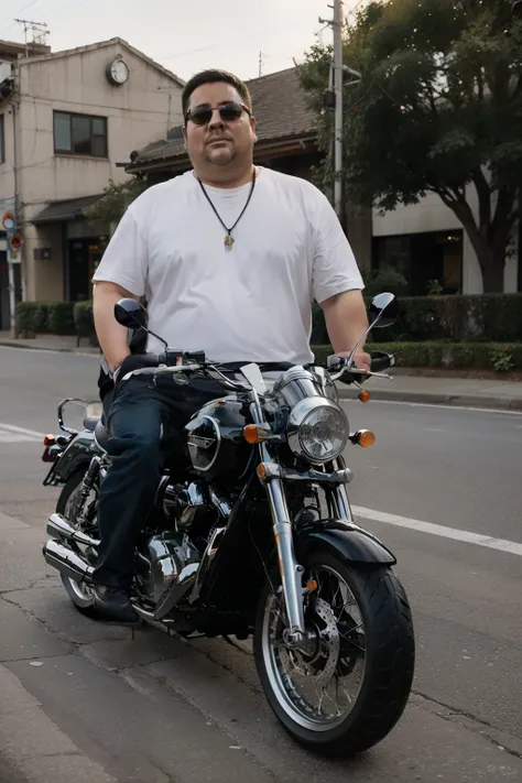 Make me a caricature picture of a cool guy who is half fat with cool looks using a black and white honda grand motorcycle