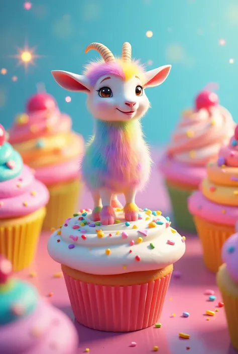 A 3D animated scene where a rainbow themed goat is standing on a colourful cupcake.And the background is also rainbow cupcake themed.