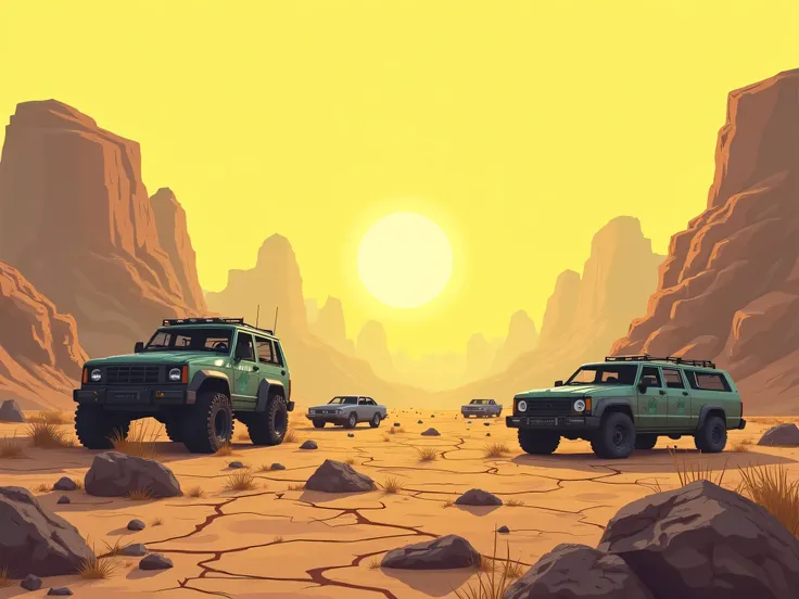 
Video game style war background, with broken cars without soldiers, just a yellowish environment