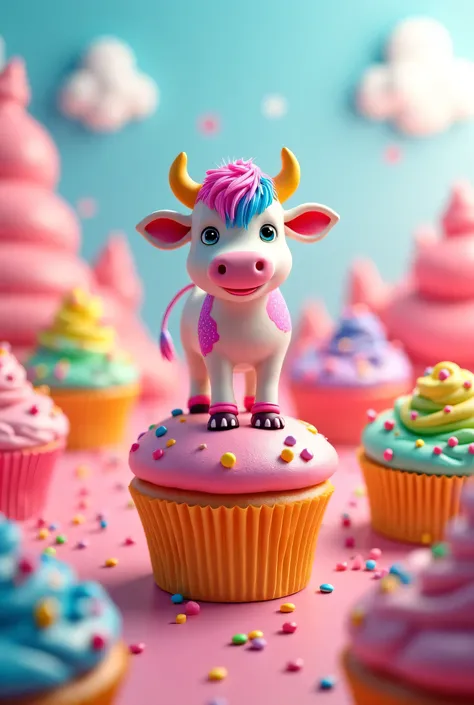 A 3D animated scene where a rainbow themed cow is standing on a colourful cupcake.And the background is also rainbow cupcake themed.