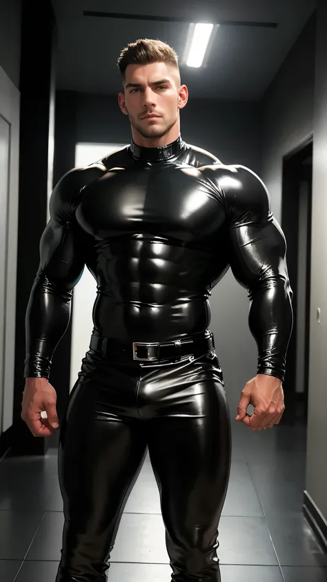 Big Muscular caucasian guy,wearing tight black shiny leather long sleeve shirt ,big biceps,muscular body, tall,6ft, tight black shiny leather pants with belt, facing camera ,standing straight in hallway with bright reflective lighting reflecting his shiny ...