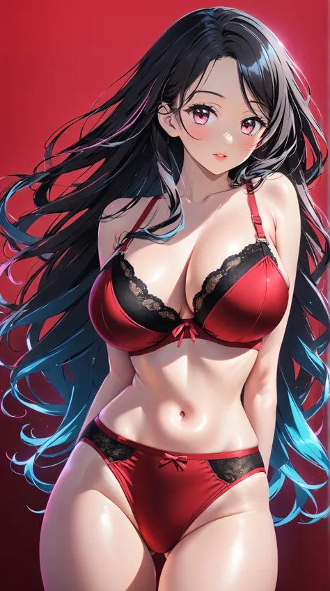 asian girl, pink eyes, black hair, red highlights, huge breasts, bra, panties, Kizi girl，nezuko komado from kimetsu no yaiba, Highly detailed, Amazing work，Vitreous luster,((clean backdrop))，blues，golds, reds, Best quality at best，clean backdrop, ((shiny s...