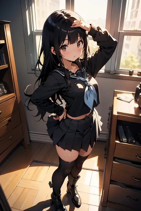 looking at the viewer, chitanda eru, medium breasts, black pleated miniskirt, thigh highs, bangs, black boots, one girl, hands behind her back, ultra detailed, masterpiece, full body, standing