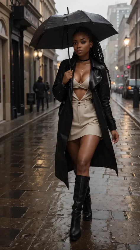 The 23-year-old light-skinned Black woman strolls down a cobblestone street in the rain, wearing a fitted trench coat and knee-high boots. Her radiant complexion glistens with soft raindrops, and her soulful gaze is lost in thought. Her braids peek from un...