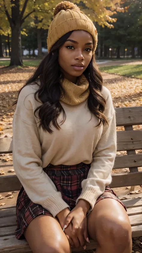 The 23-year-old light-skinned Black woman sits on a wooden bench in a park, wrapped in a cozy rust-colored sweater and plaid scarf. Her radiant complexion is illuminated by the golden autumn leaves around her, and her soulful gaze follows the gentle fall o...