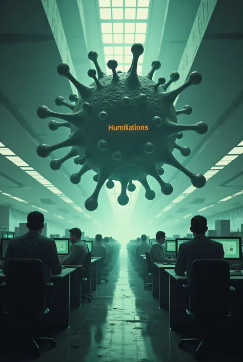 Give me an image of a work environment with workers and an evil virus approaching the background, This virus carries words like humiliation, uselessness 