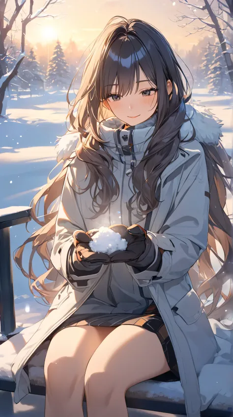  in the seat,  kind smile,  Eyeliner,   wear long, flowing hair,  Warm Winter Coat ,   Relaxed Posture  ,  healthy skin,  medium bust, A faint blush, Gloved hands,  
break,  
  Soft Winter Light  , (  Soft Lighting :1.2),   cool tone  , Gentle Shadow,   re...