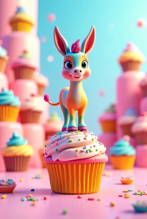 A 3D animated scene where a rainbow themed donkey is standing on a colourful cupcake.And the background is also rainbow cupcake themed.