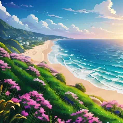 araffes on a cliff overlooking the ocean and a beach, a matte painting inspired by Makoto Shinkai, trending on cg society, romanticism, anime background, anime landscape wallpaper, anime clouds, beautiful anime scenery, beautifull puffy clouds. anime, mako...