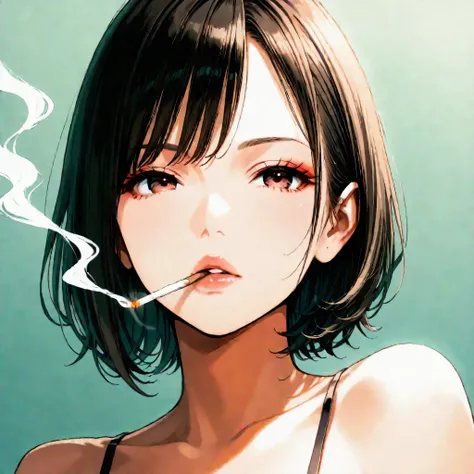 japanese girl, beautiful, short hair, smoking