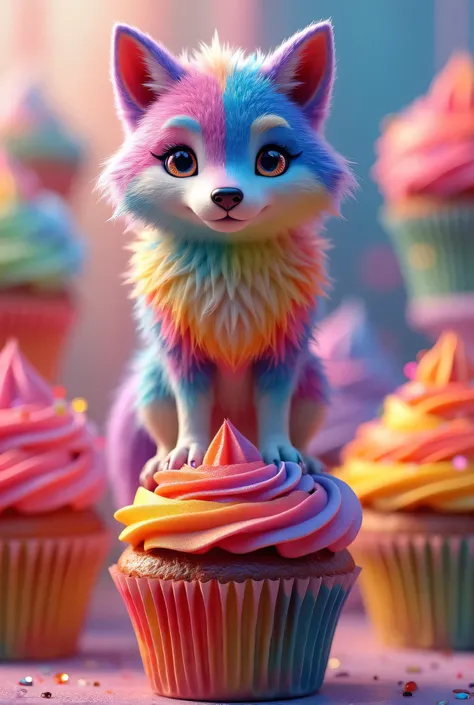 A 3D animated scene where a rainbow themed wolf is standing on a colourful cupcake.And the background is also rainbow cupcake themed.