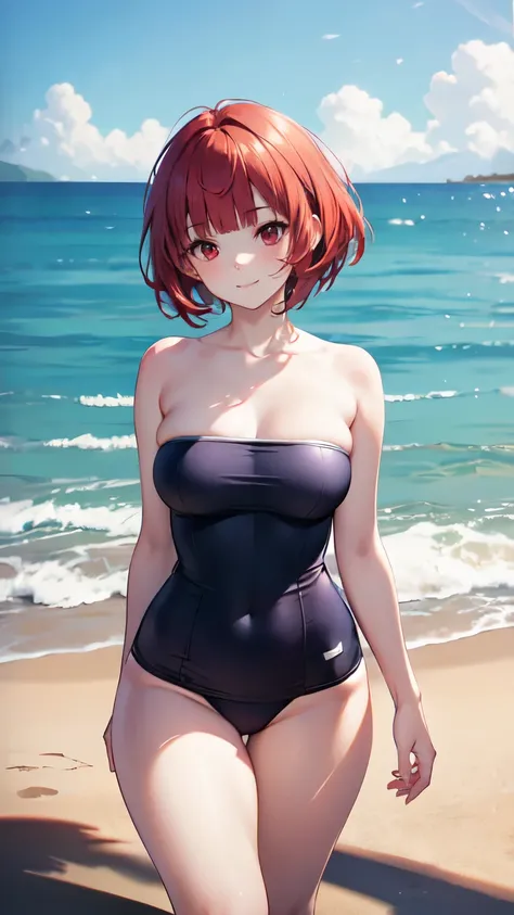 realistic image, detailed image, coherent image, 1 beautiful girl, medium red hair with blunt bangs, red eyes, smiling, strapless swimsuit, She has a curvy body, medium breasts, Soft focus, Dramatic shadows, Volumetric lighting, natural lighting, arima_kan...