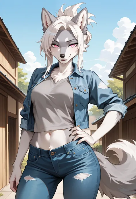 masterpiece, best quality, amazing quality, cowboy shot, furry, furry female, wolf girl, contrapposto, hand on own hip, half-closed eyes, smirk, parted lips, looking at viewer, gray fur, two-toned fur, (body fur:1.2), fluffy, white hair, folded ponytail, p...