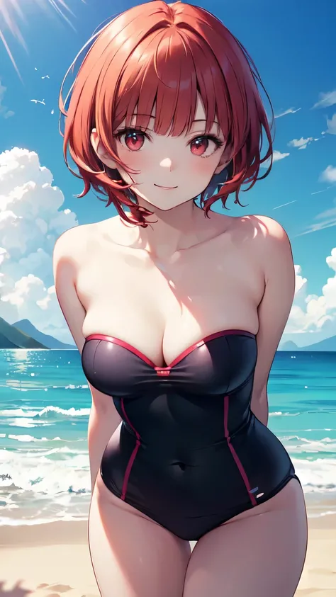 realistic image, detailed image, coherent image, 1 beautiful girl, medium red hair with blunt bangs, red eyes, smiling, strapless swimsuit, She has a curvy body, medium breasts, Soft focus, Dramatic shadows, Volumetric lighting, natural lighting, arima_kan...