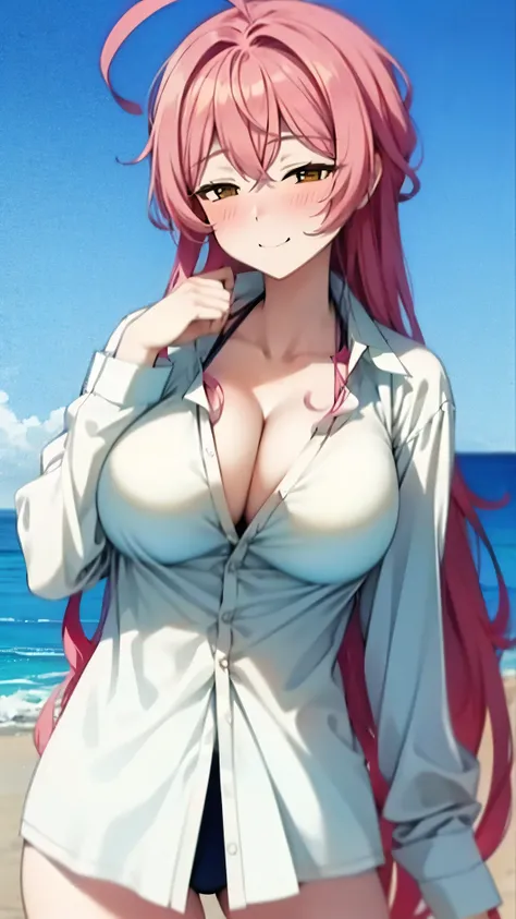 （ super quality, ultra high resolution,16k,super masterpiece,Ultra HD , detailed shading and background,） sexy girl , Pretty Long Pink Hair ,thin, transparent, sexy white shirt, cleavage,Big Breasts, swimsuit,blush,smile,The Beach Where the Sun Shines ,