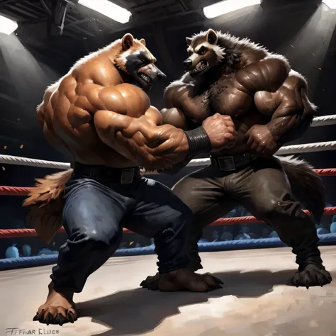 By Taran Fiddler, a scene where two anthropomorphic heavyweigth badass boxer, wolverine, fighting each other on a boxing ring in an abandonned underground mine (realistic, detailed, american shot, very muscular, very thick oversized large massive leg muscl...