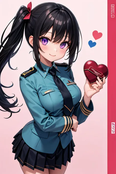 black hair, ((side ponytail)), purple eyes, smile, medium breasts, (blue military uniform), (green necktie), (black pleated skirt), Valentine's Chocolate, Valentine