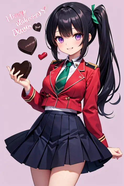 Negative prompt extra digit, black hair, ((side ponytail)), purple eyes, smile, medium breasts, (blue military uniform), (green necktie), (black pleated skirt), Valentine's Chocolate, Valentine