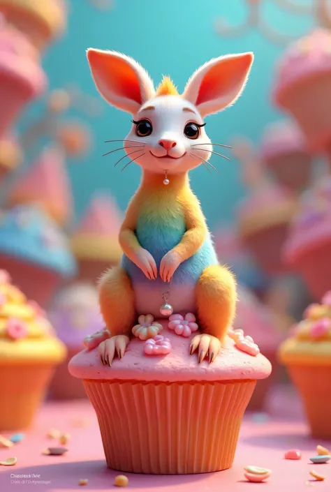 A 3D animated scene where a seven coloured kangaroo is wearing pearl chain around the beak  is standing on a colourful cupcake.And the background is also rainbow cupcake themed.