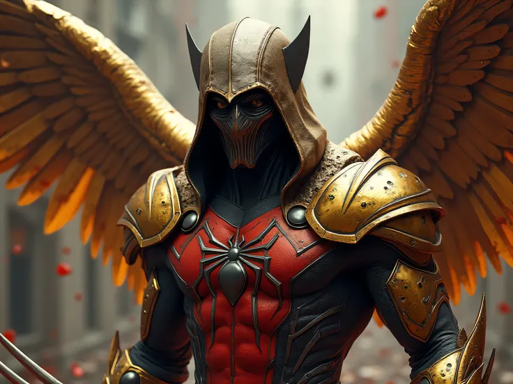 Spiderman combined with Wolverine, Wolverine claws on both hands wearing a hood placed over the mask in the shape of an eagle's beak, resembling the hoodies of the Assassin's, wearing golden armor with an arachnid phoenix symbol, metallic golden wings, bra...