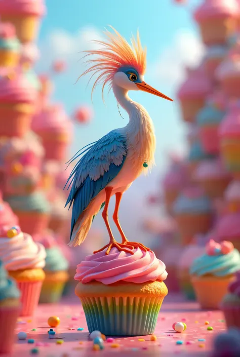 A 3D animated scene where a seven coloured  heron wearing pearl chain around the beak  is standing on a colourful cupcake.And the background is also rainbow cupcake themed.