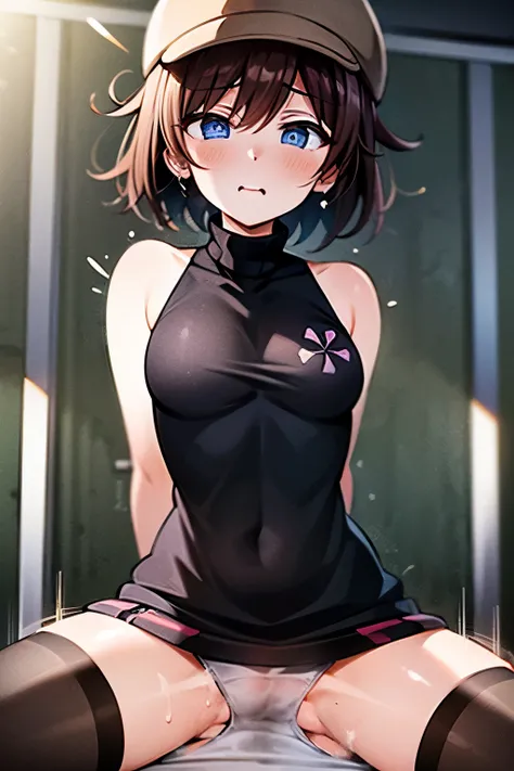   Masterpiece ,    top quality ,   ( girl , Helga Haruka  ,  blue eyes,  brown hair at the gym,  short hair , Brown hat,  black sweater that has been hit ,  sleeveless turtleneck,  plaid skirt, white panties， with a horny face ) ,     (   1 Man  ,  perfect...