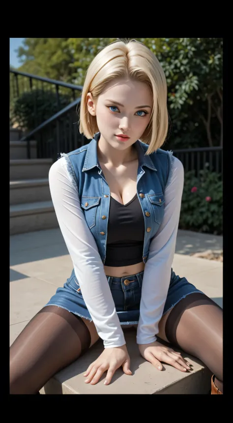 (One girl),  (Android 18), (She sat at an angle with her legs crossed on the stairs), (Blonde hair), (Sexy girl), (She wearing light blonde hair), (Medium length hush cut hair), (Her slender legs and stylish short western cow-girl boots are clearly visible...