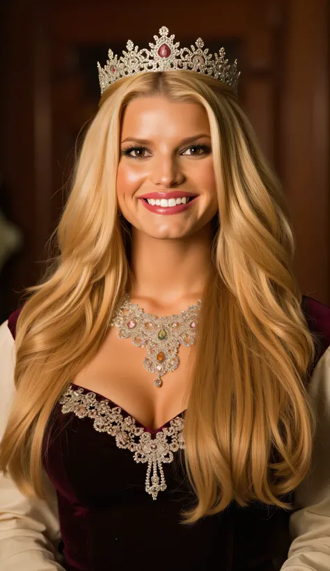 Jessica Simpson, sexy medieval noblewoman, alone, looking at viewer, full body portrait, cleavage, standing in front of bed, smile, wearing medieval jewelry, wearing medieval noble dress, ultrarealistic, luxurious bedroom inside medieval castle, best quali...