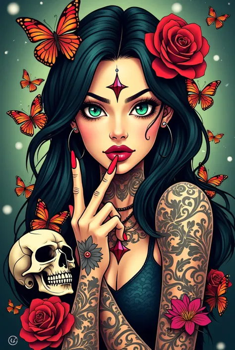 A colorful design featuring a tattooed woman with striking green eyes and a red rose on her forehead. She is depicted with a bold expression, giving a gesture with her middle finger. Surrounding her are intricate elements, including a skull, floral pattern...