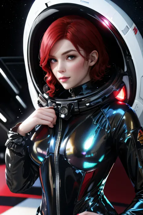  top quality, highest resolution,(((shiny black spacesuit　Shiny Red Hair　 short hair　 shiny skin around)))　unlimited routes　 space opera　Spaceship　 cockpit　fighter