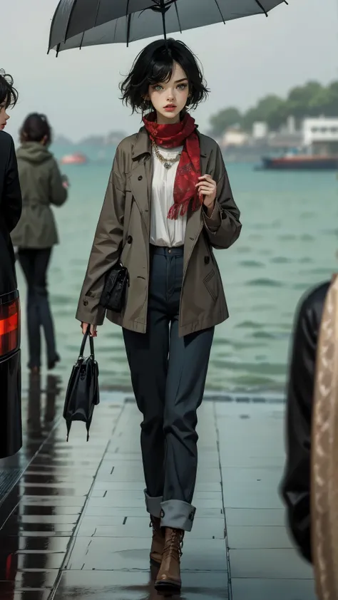 24 year old dark skinned woman、blue eyes、blonde、medium long curly hair、Accessorize your wrist、Colorful Scarf Tie Blouse((scarf tie blouse))、raincoat,loose grey fashionable pants, short hair, at the sea side, boots, umbrella, rain